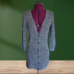DKNY Loose Knit Deep V Neck Black White Buttoned Cardigan DKNY